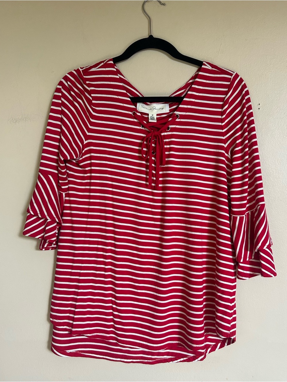 French Laundry Red & White Striped Lace-Up Bell Sleeve Top – M